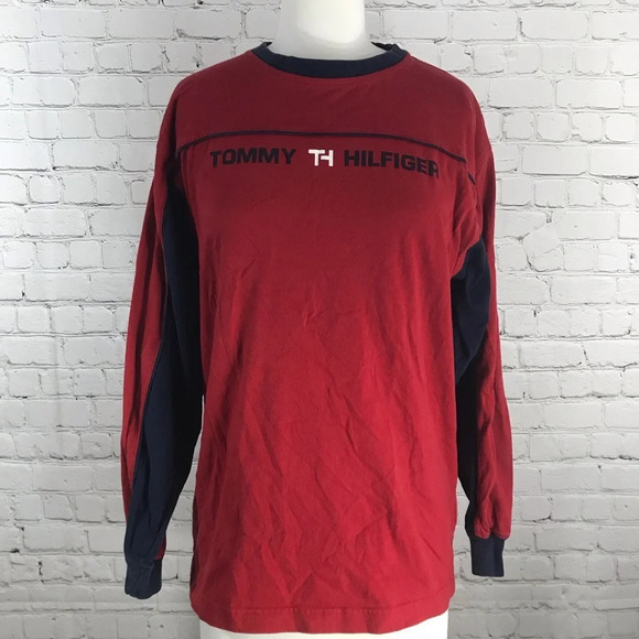 Vintage Y2K Junior’s Tommy Hilfiger Red Crew Neck Long Sleeve Shirt - Size XL - Picture 1 of 7